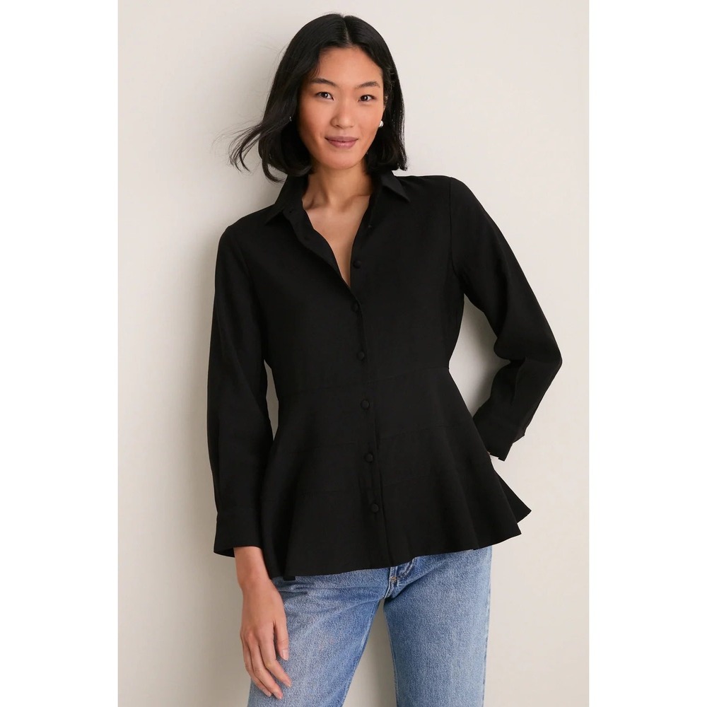 Pomander Place Black Ashlen Blouse Long Sleeve Peplum Button Down Shirt S READ